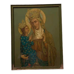Exquisite European Virgin and Child Icon - Hand-Colored Print With Gold Accents, C. 1900