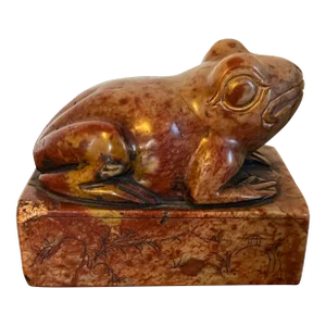 Antique Early 20th Century Chinese Carved Soapstone Frog Chop Seal or Paperweight
