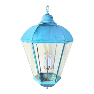 Large Vintage Solid Brass Hanging Lantern Chandelier / 34” H X 21” W For Sale