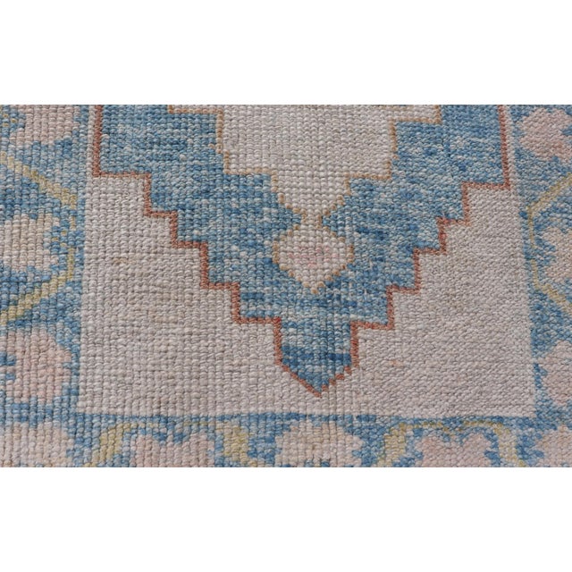 Modern Turkish Oushak Rug in Blue and Beige Geometric Patterns 2'4" X 3'7" For Sale - Image 10 of 10