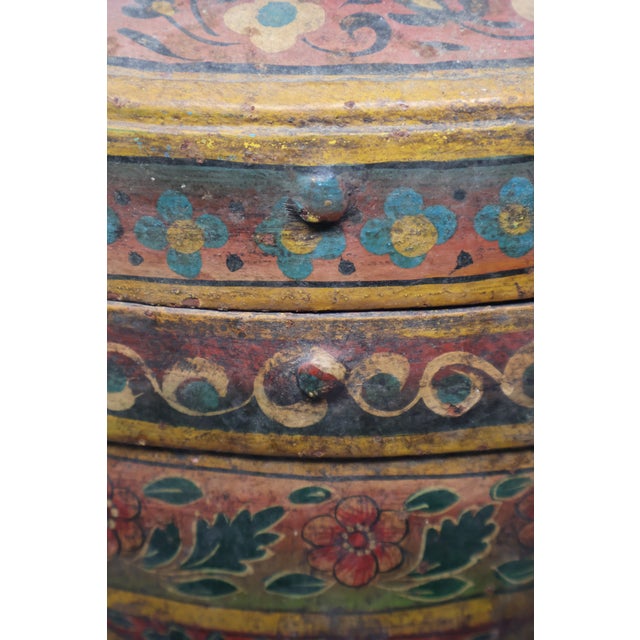 Metal Antique Indonesian Handcrafted Metal Storage Vessel With Hand-Painted Floral Cartouches & Ornamental Hardware For Sale - Image 7 of 18