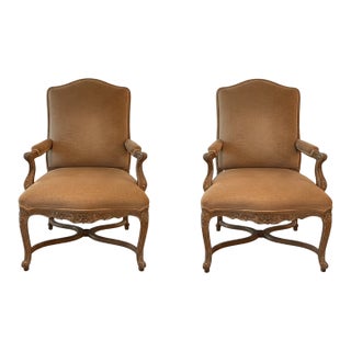 Pair of Traditional J. Robert Scott Lounge Chair, Chateau Fauteuil, Velvet Upholstery For Sale