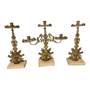 3 Piece Antique Victorian Gilt Metal Girandole Candelabra Set