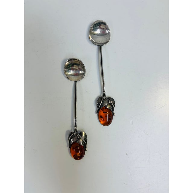 Arts & Crafts Vintage Sterling Silver and Baltic Amber Honey Spoons - A Pair For Sale - Image 3 of 10