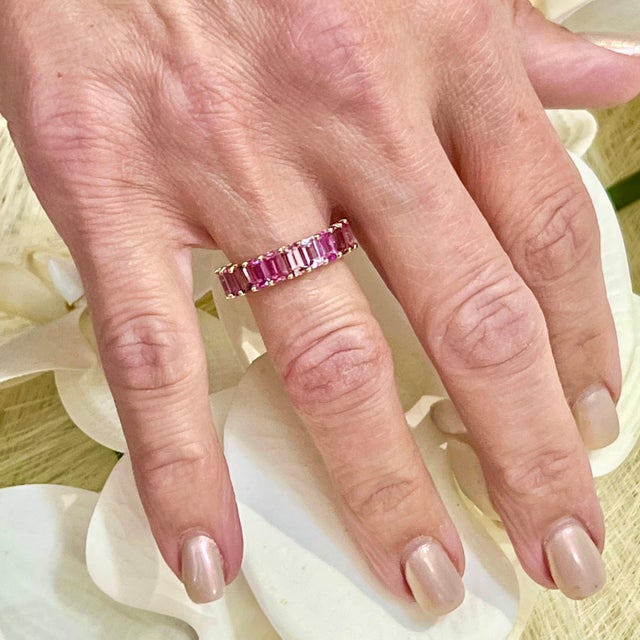 Natural Multi-Shade Sapphire Ring 14k Rose Gold 4.20 TCW Certified, Size 6.5 For Sale - Image 4 of 13