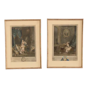 Antique French Pair Colored Engravings, After Nicolas de Launay