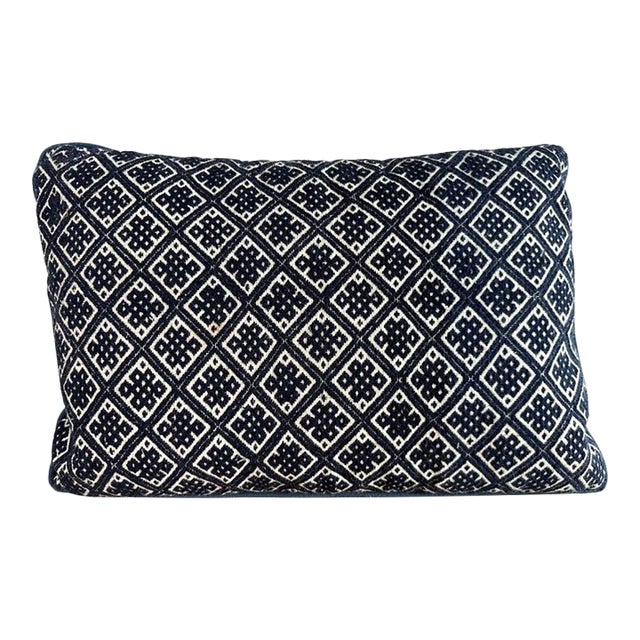 Hmong Indigo Cotton & Linen Pillow With Geometric Design For Sale