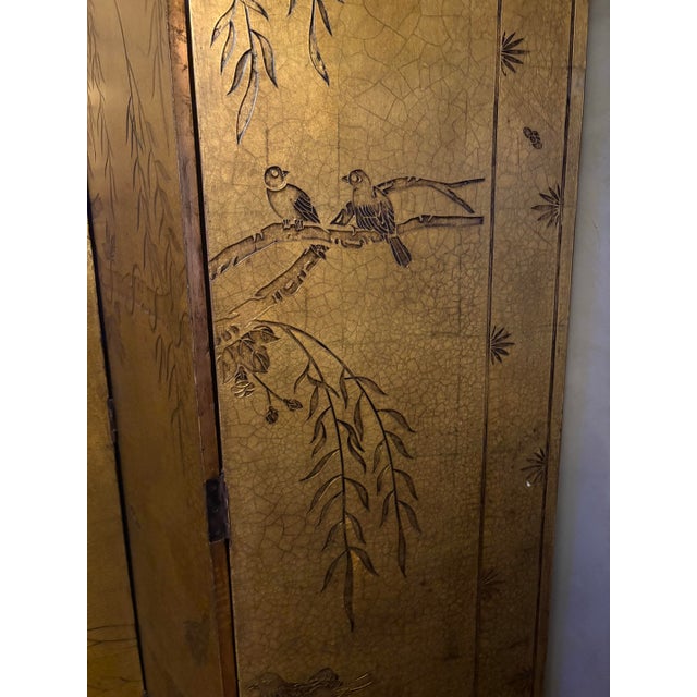 Antique Asian Four Panel Lacquered Screen With Gold Leaf and Brass Hinges For Sale - Image 4 of 8