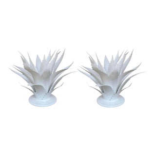Currey & Company Modern White Meta Agave Sculptures Pair For Sale