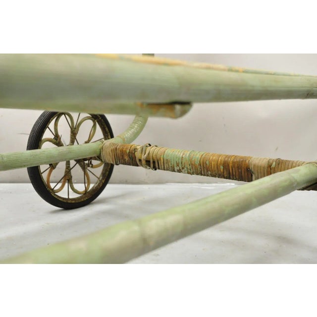 Mid 20th Century Vintage Boho Chic Bamboo Rattan Bentwood Green 2 Tier Rolling Bar Cart Server For Sale - Image 11 of 12