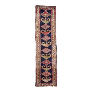 1940s Tribal Indigo, Teal, Plum & Pistachio Green Geometric Design Rug, 3.9 x 14.2 For Sale