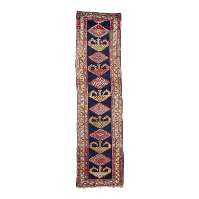 1940s Tribal Indigo, Teal, Plum & Pistachio Green Geometric Design Rug, 3.9 x 14.2 For Sale