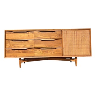 Vintage Mid Century Modern Oak and Cane Floating Low Long Dresser or Credenza For Sale