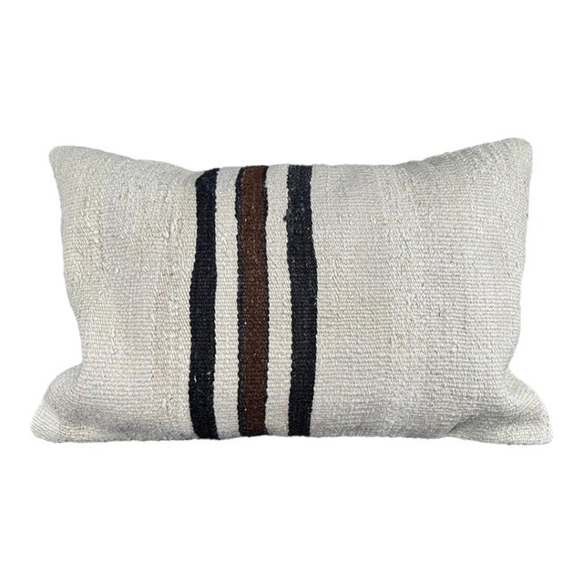 Turkish Hemp Pillow Cushion Natural Beige Black Pillow Cushion Cover 16" x 24" For Sale