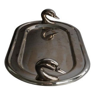 Vintage Oval Silver-Plated Tray with Twin Swan Head Handles, France, 1960s For Sale