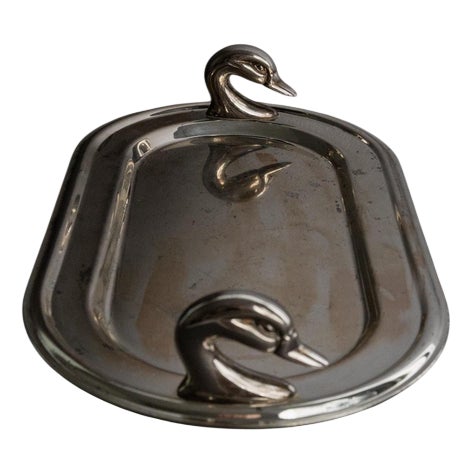 Vintage Oval Silver-Plated Tray with Twin Swan Head Handles, France, 1960s For Sale