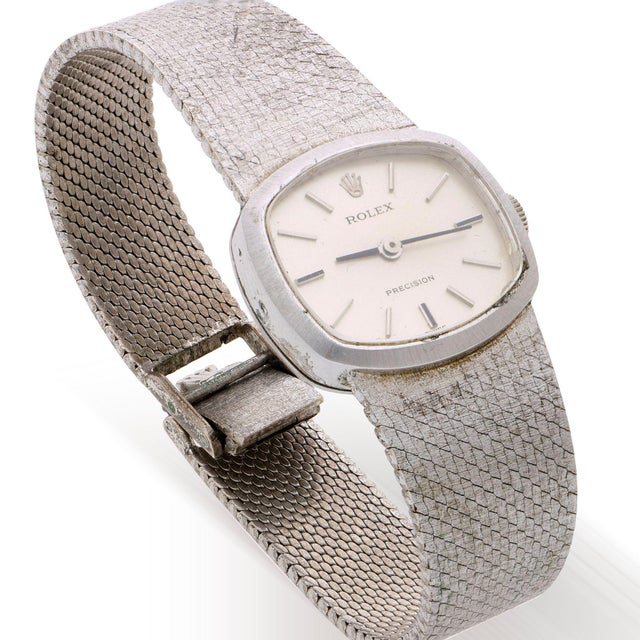 Rolex 1970s Rolex Precision 2644 Vintage 1971 Silver Dial 18k White Gold Mesh Bracelet Watch For Sale - Image 4 of 12