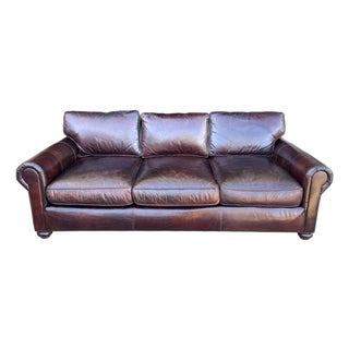 Restoration Hardware Medium Brown Leather Sofa With Feather-Filled Cushions For Sale