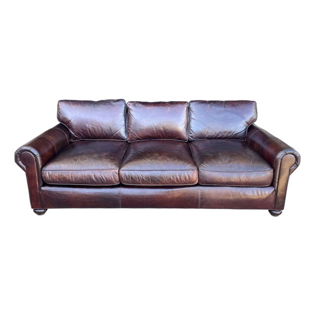Restoration Hardware Medium Brown Leather Sofa With Feather-Filled Cushions For Sale