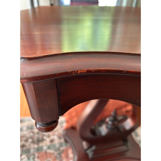 Vintage Lyre Base End Tables - Pair of Carved Mahogany Tone Harp Side Tables For Sale - Image 9 of 11