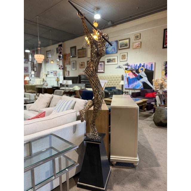 Gold Tone “Woman Playing Flute” Recycled Steel Sculpture on Pedestal For Sale - Image 4 of 7