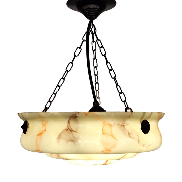 Vintage German Art Deco Pendant Lamp with Beige Marbled Glass Shade, 1920s For Sale