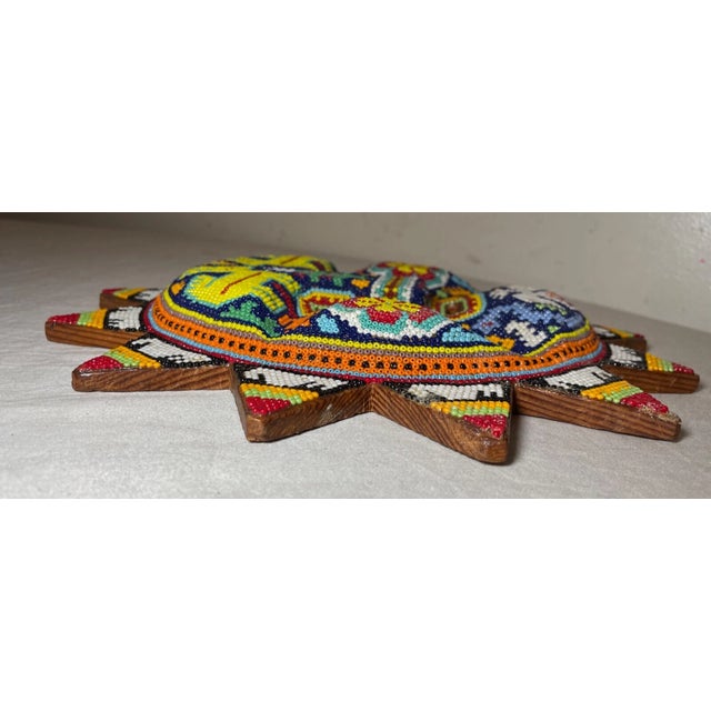 Wood Vintage Handmade Mexican Huichol Chroma Beaded Wood Wall Sun Sculpture Mask Art For Sale - Image 7 of 13