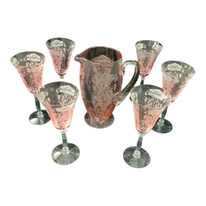 Tiffen Flanders Etched Pink Water Pitcher With Six Glasses