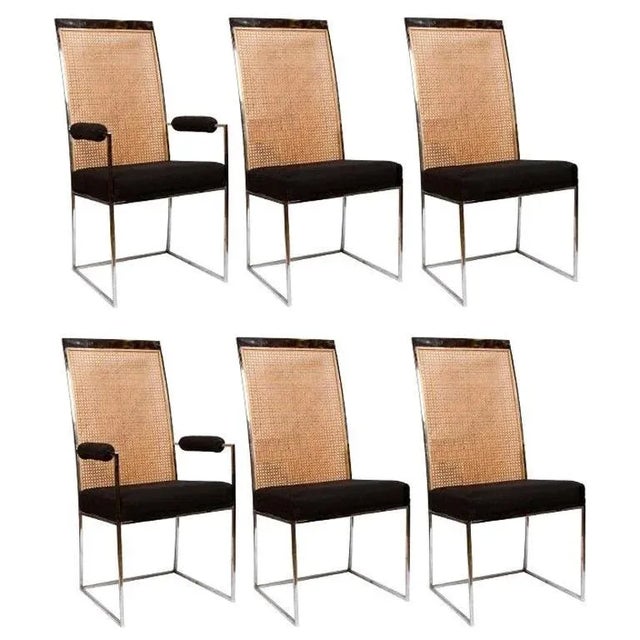Wood Milo Baughman Chrome & Cane Back Black Velvet Dining Chairs - Set of 6 For Sale - Image 7 of 7