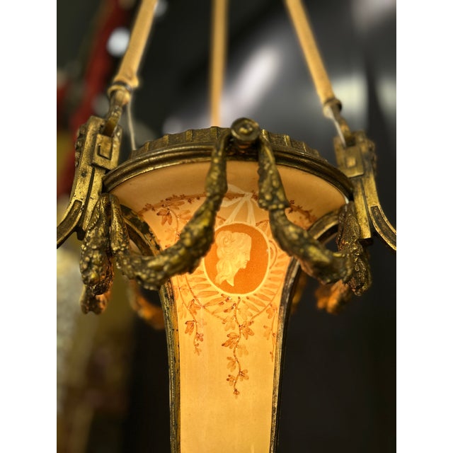 Antique Pendant Light in Gilt Bronze and Painted Glass, 1890s For Sale - Image 3 of 8