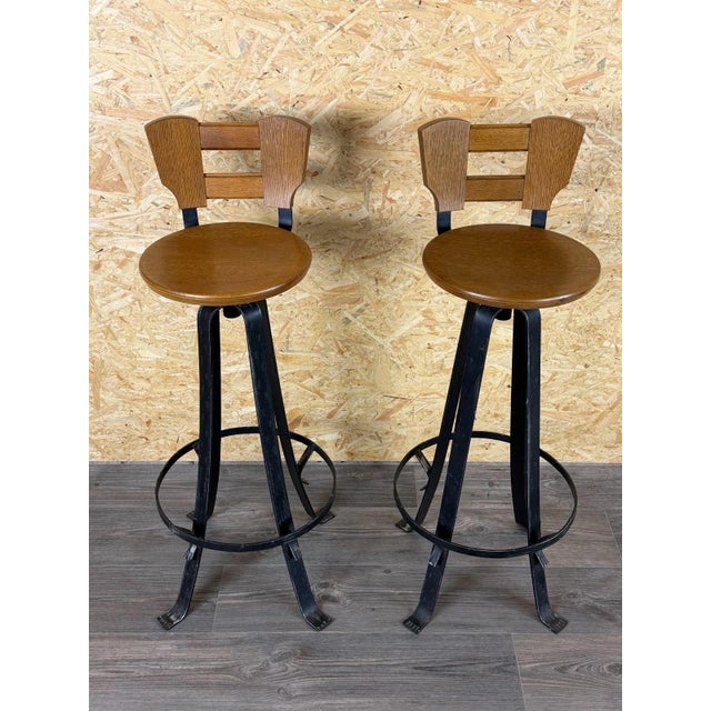 Mid-Century Modern Vintage Brutalist Bar Stools in Iron and Wood, 1960s, Set of 2 For Sale - Image 3 of 18