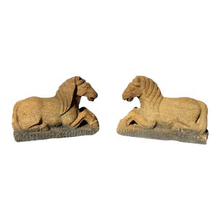 Early 20th Century Pair Sandstone Horses Garden Statues For Sale