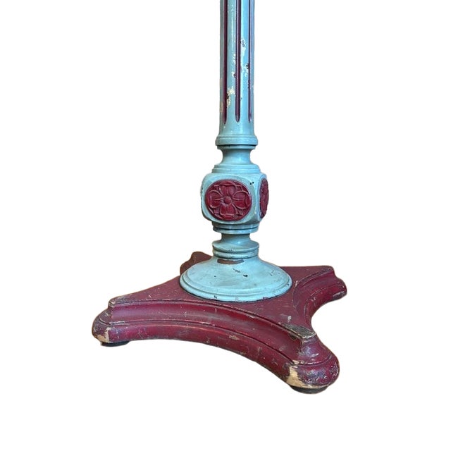 Victorian Antique Hand-Turned Wood Fluted Coat Rack in Teal & Oxblood Red For Sale - Image 3 of 17
