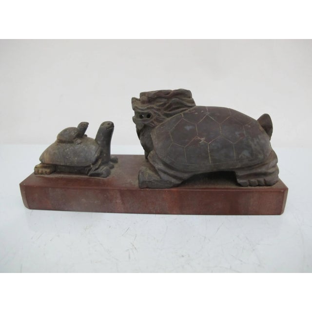 Stone Chinese Carved Brown Stone Dragon Turtle Facing Mother & Baby Figurine on Base For Sale - Image 7 of 7