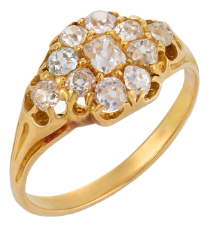 19th Century Victorian Old Mine Cut Diamond 18k Yellow Gold Cluster Ring, Size 7.25