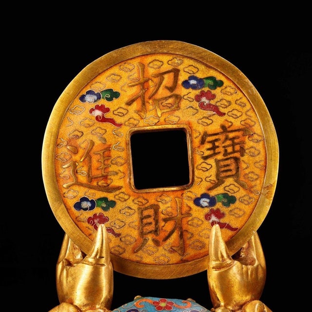Metal Vintage Cloisonne Enamel Crab & Coin Sculpture – 9.8" Auspicious Wealth Figure For Sale - Image 7 of 9