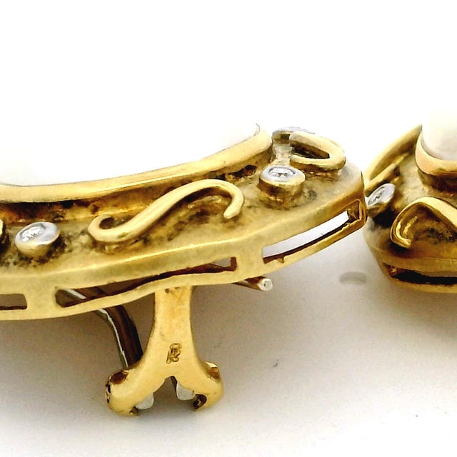 Italian 18k Gold Mabe Pearl & Diamond Earrings, Circa 1980, Pair For Sale - Image 10 of 13