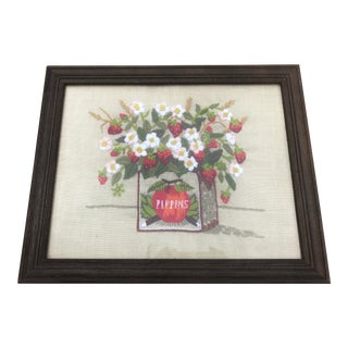 Vintage Pippin Box With Strawberries Crewel Needlepoint Picture For Sale