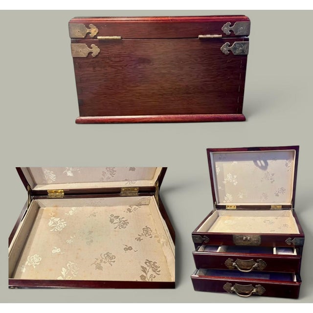 Chinese Rosewood Jewelry Box-Brass Hardware-Silk Lined-Trinket Chest-Asian-Decor For Sale - Image 11 of 11