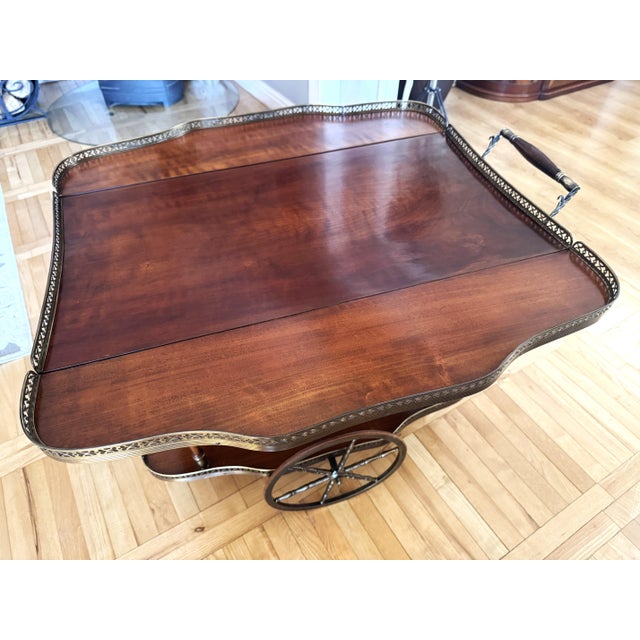 Mid-Century Bar Cart with Folding Leaves, Brass Gallery, and Spoked Wheels, 1960s For Sale - Image 13 of 18