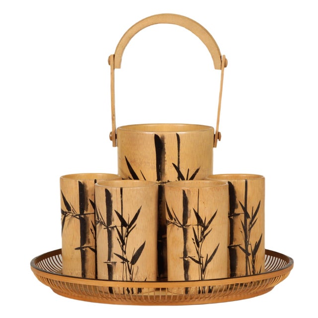 Bamboo Glasses and Bottle Holder Set, 1970s, Set of 6 For Sale - Image 13 of 13