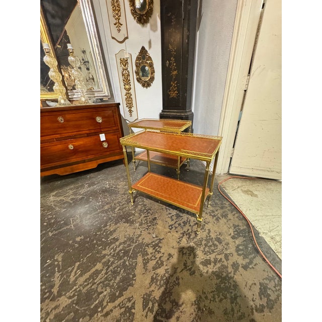 Brown Pair of Italian Bagues Style Brass and Leather Side Tables For Sale - Image 8 of 9