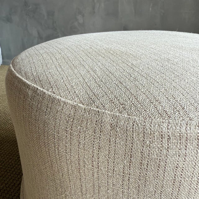 Mid-Century Modern Bailey Slip Covered Ottoman in Linen Ticking Stripe With Pleated Skirt For Sale - Image 3 of 6