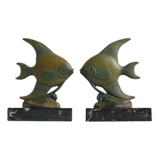 Antique Art Deco French Bookends Angelfish in Black Marble Spelter Moonfish, 1925, Set of 2 For Sale