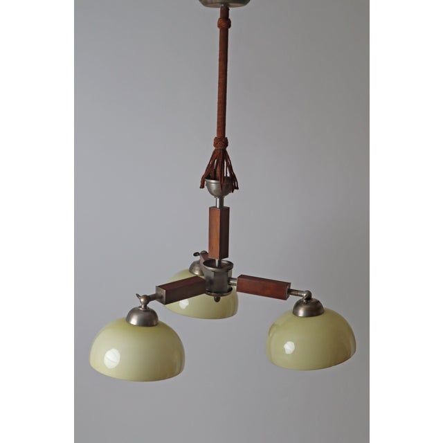 Brown Art Deco 3-Arm Chandelier in Glass, Wood and Chrome, Germany, 1930s For Sale - Image 8 of 18