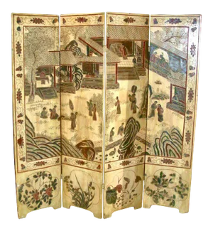 Early 19th Century Chinese Export Cream Ground Coromandel Relief Carved Lacquer Screen