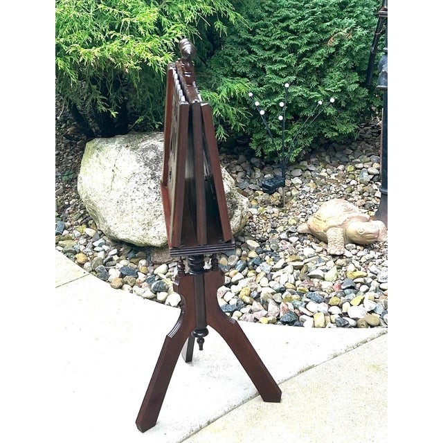 Antique Mahogany, Double-Sided, Rotating Magazine/Book/Sheet Music Carrier, With Intricately Carved Fretwork Panels, Turned Handle and a Tripod Column For Sale - Image 10 of 12