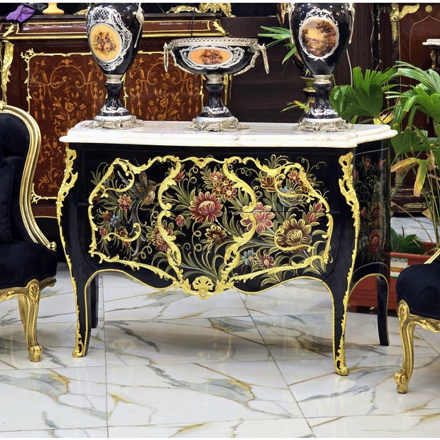 2020s Louis XV Hand-Painted Floral Bombe Chest With Marble Top & Gold Leaf Details For Sale - Image 5 of 5