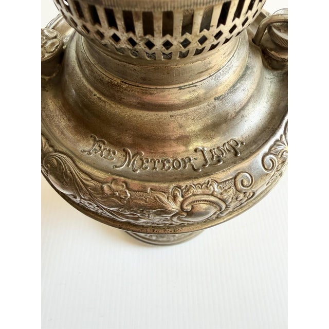 The Meteor Silver Repousse Antique Oil Lamp, Converted to Electric For Sale - Image 11 of 18