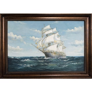 Large Vintage Oil Painting on Canvas Seascape Sailing Ship Signed Maritime Art For Sale